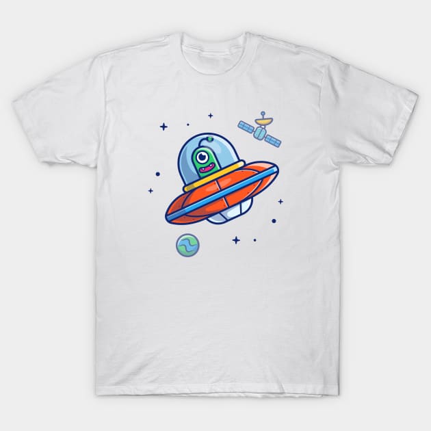 Alien spaceship flying in space cartoon T-Shirt by Catalyst Labs